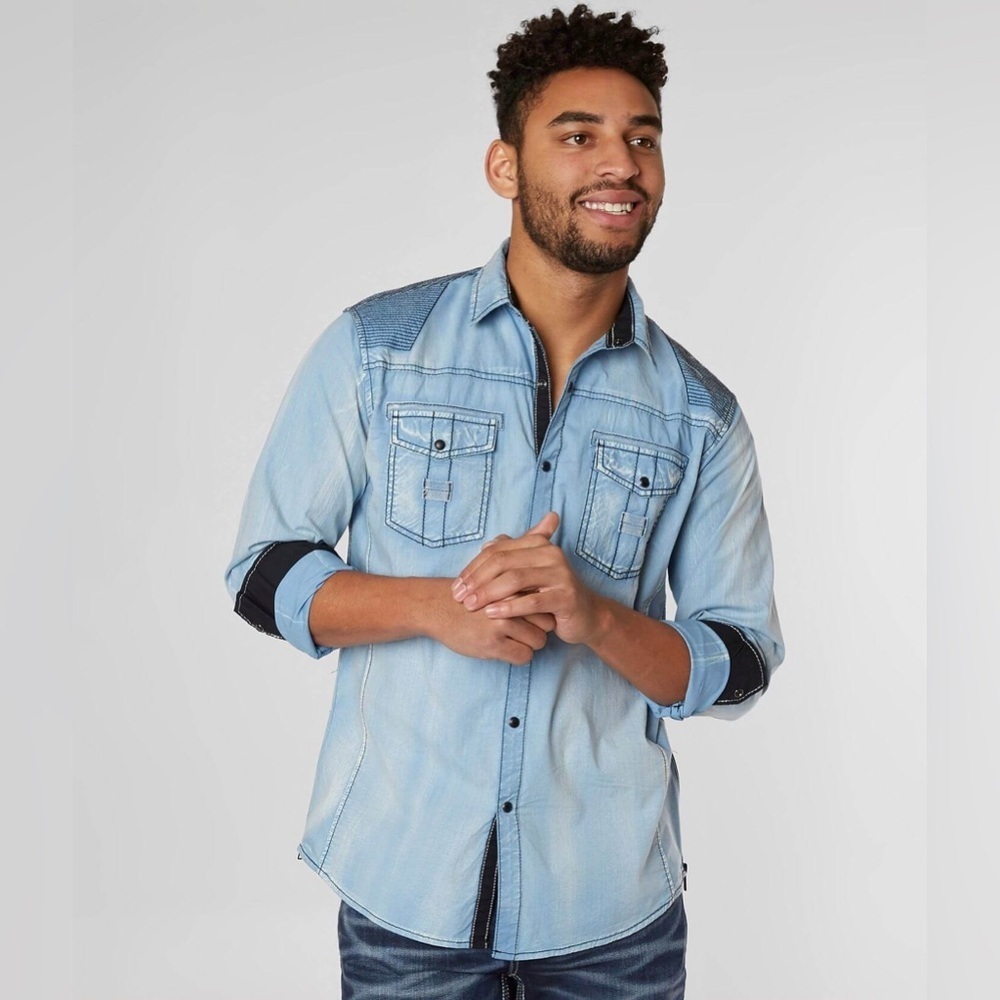 Buckle Black Men's Western Shirt Light Blue Pearl Snap Front Athletic Fit Size L